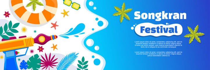 Obraz premium Songkran Festival summer banner with water splash tropical decoration