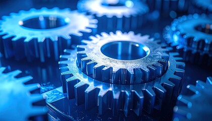 Close-up of interlocking metal gears—illuminated with blue light highlighting polished surfaces and intricate teeth.
