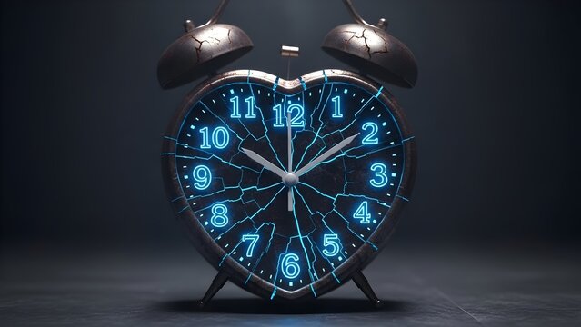 Cracked heart-shaped alarm clock with glowing blue numbers, symbolizing broken love, shattered relationships, and time for healing in a dark setting.