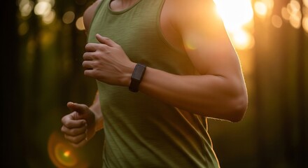 Man jogging in forest with smartwatch on wrist at sunset
