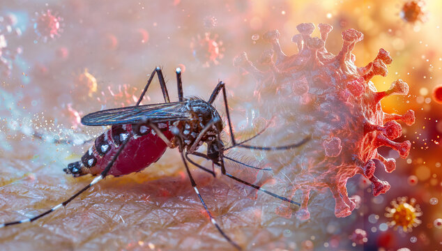 Conceptual medical illustration showing a close-up of a mosquito biting human skin to suck blood. The scene visualizes the transmission of vector-borne diseases such as Dengue fever, Malaria, or Zika 