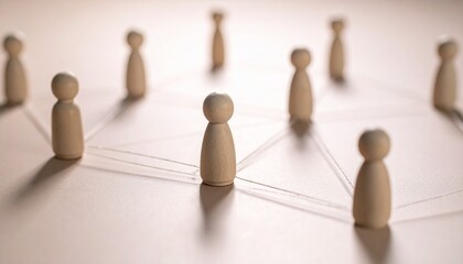 Conceptual network of wooden human figures—connected by lines and nodes on softly blurred background.