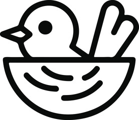 Fototapeta premium Bird Sitting in Nest Line Icon, Minimal black outline illustration of a bird sitting in a nest, symbolizing nesting, care, spring season, and simple nature concepts.
