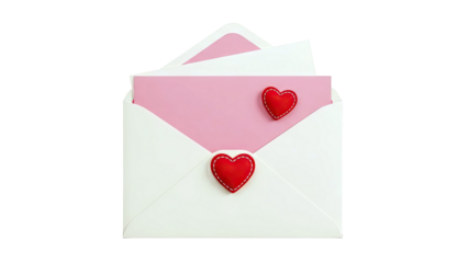 Envelope with pink paper and red heart decorations