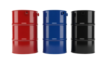 Three vibrant industrial metal barrels in red blue and black standing side by side against a pure dark background under clear studio lighting
