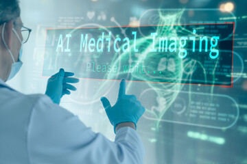 Futuristic healthcare concept showing a doctor analyzing patient data on a transparent digital screen labeled 'AI Medical Imaging'. The interface displays a 3D human body scan and skeletal structure, 