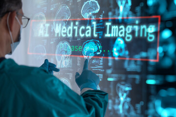 Futuristic healthcare concept showing a doctor analyzing patient data on a transparent digital screen labeled 'AI Medical Imaging'. The interface displays a 3D human body scan and skeletal structure, 