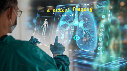 Futuristic healthcare concept showing a doctor analyzing patient data on a transparent digital screen labeled 'AI Medical Imaging'. The interface displays a 3D human body scan and skeletal structure, 