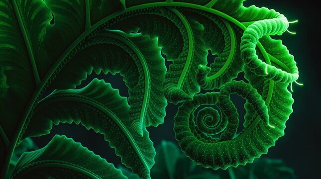 Macro shot of a single alien fern unfurling its vibrant veins