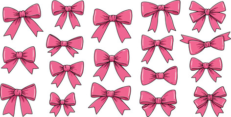 Collection of various pink ribbons and bows on white background