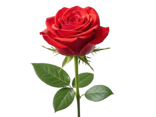 Fototapeta premium Elegant red rose with a long stem and green leaves, symbolizing love and romance on transparent background