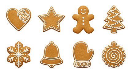 Gingerbread cookie set including heart, star, man, tree, snowflake, bell, mitten, and round shapes isolated. Traditional homemade christmas and holiday food collection.