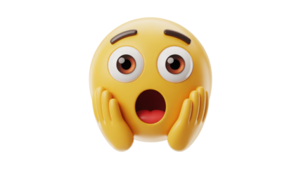 A very surprised yellow 3D emoji character with wide eyes and an open mouth holding its face in amazement against a plain black background
