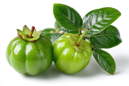 Close-up of vibrant green Garcinia cambogia fruit with leaves on white. Use for healthy living, weight loss, or natural food concepts.