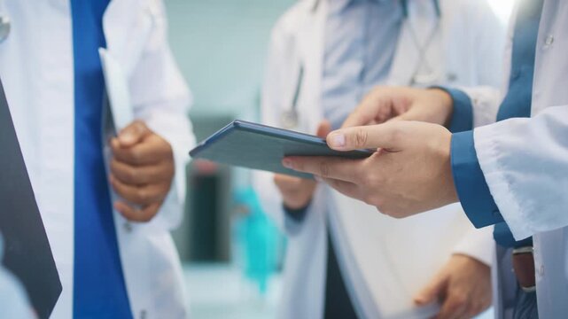Close view of medical staff holding tablet in bright hospital corridor. Checking patient data. Touching screen with fingers and reviewing digital notes while preparing next clinical action.