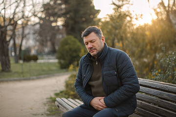 Middle-aged man sitting on a park bench at sunset clutching his stomach in visible pain and discomfort, portraying illness, fatigue and solitude outdoors