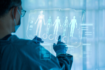 Doctor using futuristic medical interface with digital X-ray and patient scan data on holographic screen in hospital, healthcare technology and diagnosis concept.