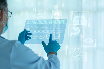 Futuristic healthcare concept showing a doctor analyzing patient data on a transparent digital screen labeled 'AI Medical Imaging'. The interface displays a 3D human body scan and skeletal structure, 