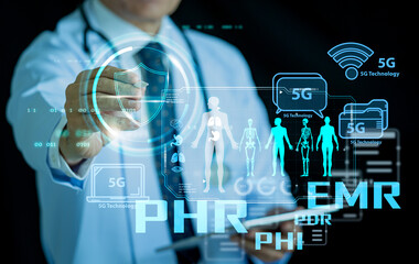 Doctor using AI and digital healthcare interface with electronic medical records and patient data icons, futuristic medical technology concept for hospital innovation and smart diagnosis.