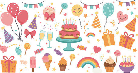 Colorful birthday party celebration background with cake and decorations