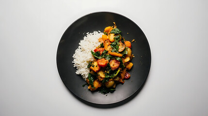 rice pan with vegetables on black plate top view isolated on white  background