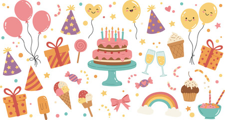 Colorful birthday party celebration with cake and treats