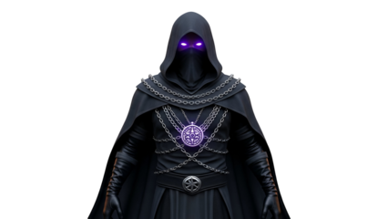 Hooded Figure with Purple Glowing Eyes and Chain Embellishments