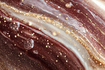 Luxurious deep burgundy marble background with pearlescent white swirls, scattered gold flakes and shimmering droplets — abstract fluid art texture for elegant design