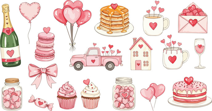 Pink valentine s day themed icons and objects for celebration and love