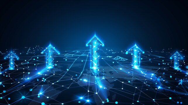 Abstract digital art featuring glowing blue arrows symbolizing growth and progress in technology