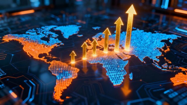 Global economic growth concept showing rising arrow on world map background, representing international trade, investment strategy, financial progress, market analysis and corporate expansion - Powered by Adobe
