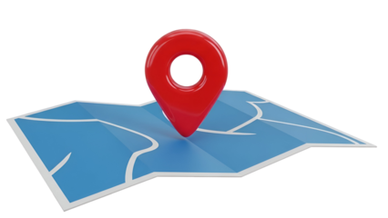 Red location pin on a blue 3 D map