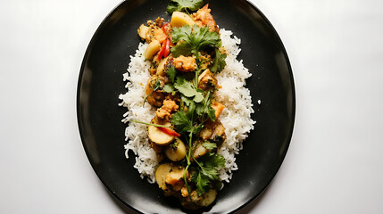 rice pan with vegetables on black plate top view isolated on white or transparent background