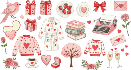 Valentine s day themed illustrations with gifts hearts and flowers