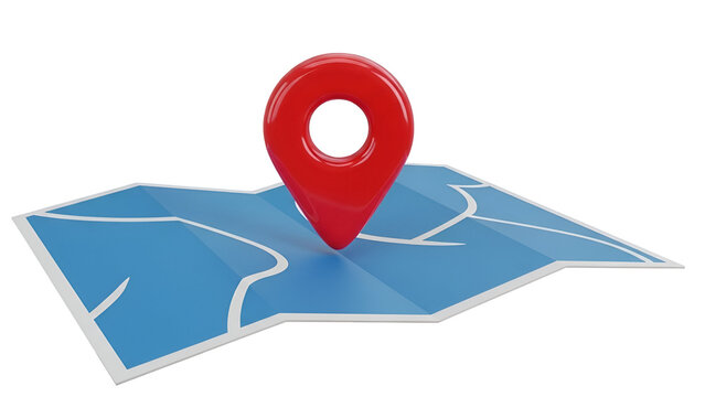 Red location pin on a blue 3 D map