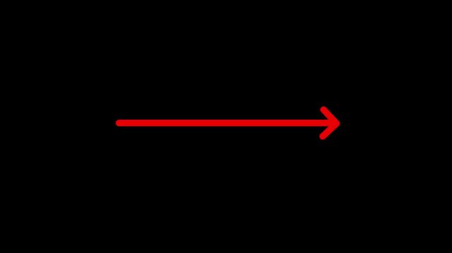red doddle straight animated moving arrow pointing to the right on black background. Right-Pointing Arrow 4k animated.