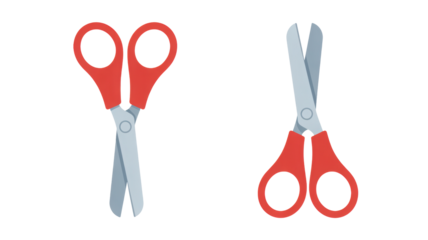 Two distinct pairs of scissors with red handles and silver blades one regular one safety children style isolated on black background