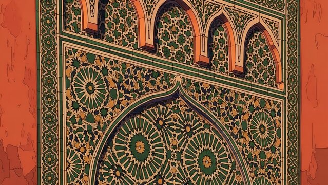 Traditional geometric tilework on exterior wall in Tlemcen at sunset