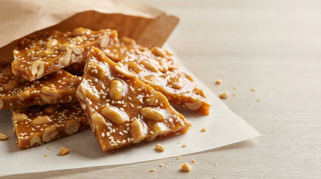 Crispy homemade peanut brittle with sesame seeds on paper and a wooden table.