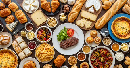 Mixed European meal selection shown from above, including cheese boards, croissants, steak, fries, pasta, pastries, and condiments arranged neatly for group dining.