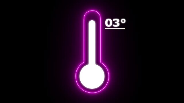 Neon Celsius thermometer displayed temperature 03 degree. Thermometer equipment showing hot or cold weather. 4K Video motion graphic animation.