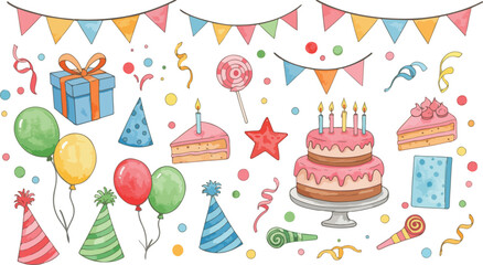 Colorful birthday party celebration with cake balloons and decorations