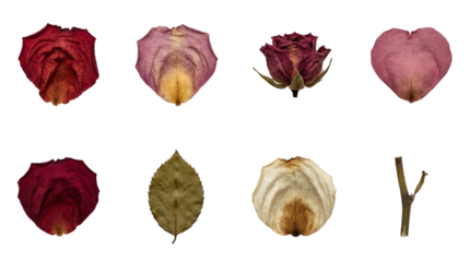 Dried red rose set including petals, whole bud, green leaf, and stem isolated. Botanical elements for floral design and wedding stationery.