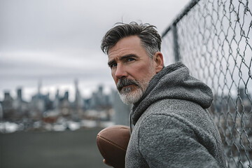 Thoughtful mature man in gray hoodie holding a football next to a chain-link fence with blurred city skyline — urban contemplative portrait