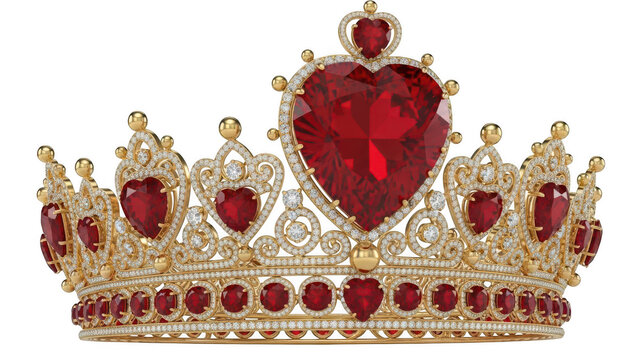 Luxurious gold tiara featuring heart jewels, perfect for queen or princess, regal headpiece design