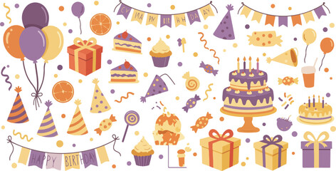 Birthday celebration elements including cakes balloons gifts and decorations