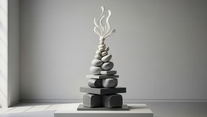 Minimalist stacked stone balance sculpture with rising flame on white marble surface