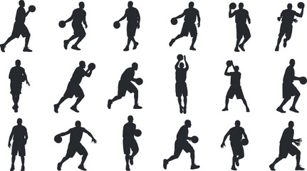 Black silhouettes of professional male basketball players in various athletic action poses including dribbling shooting and jumping isolated on white background for sports competition © MdMoksad