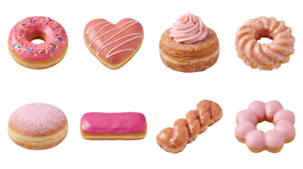 Assorted pink donut set including glazed, sprinkled, heart shaped, cruller, eclair, and twisted varieties isolated. Sweet bakery and dessert collection.