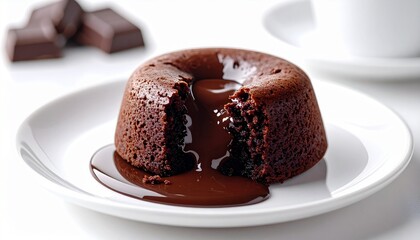 Rich Molten Chocolate Lava Cake Dessert with Oozing Center on a White Plate, Studio Shot